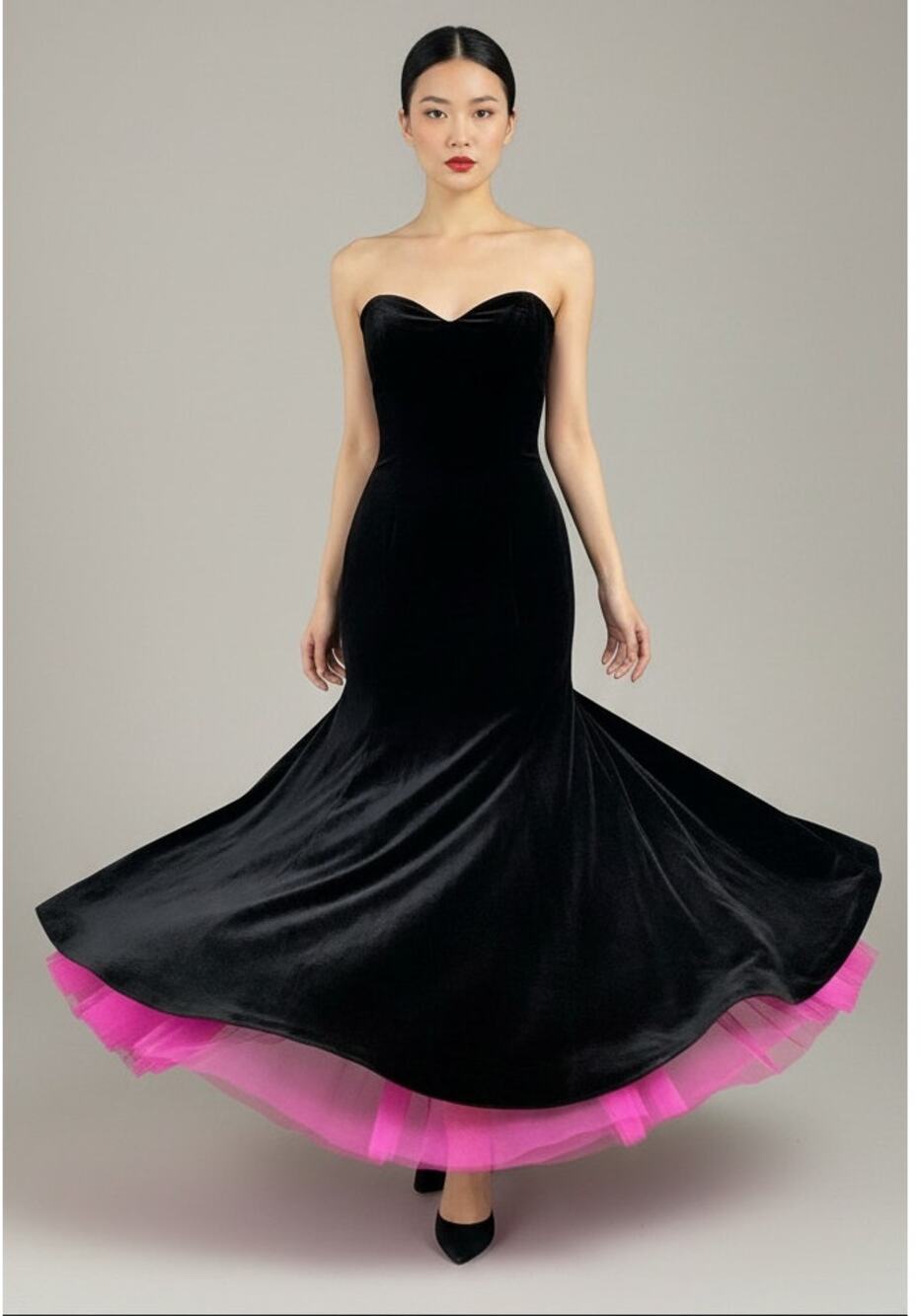 Patra Black Velvet Prom Dress Strapless Pink Tulle Petticoat Size 3/4 Y2K 90s